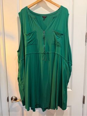 Torrid Green Cold Shoulder Dress Women’s Size 6 Plus Zip Front Drawstring Pocket